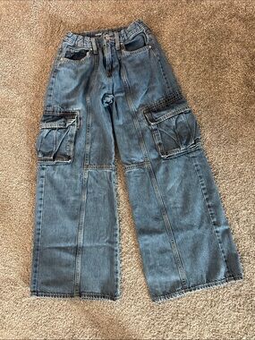 Girl’s Wide-Leg Cargo Jeans - Blue Denim